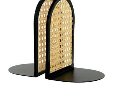 Arched Black Metal and Natural Rattan Indoor Tabletop Bookends Fashion