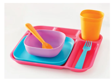 Your Zone 24 Piece Plastic Dinnerware Set for Kids with 4 Each Trays, Bowls, Plates, Cups, Forks in Purple, Pink, Blue, Orange Online