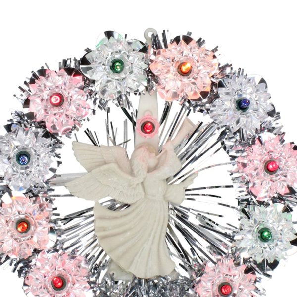 8  Silver Tinsel Wreath with Angel Christmas Tree Topper - Multi Lights For Cheap