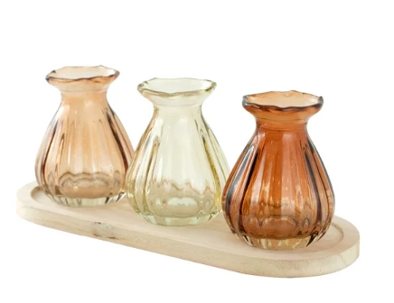 3 Pc Indoor Decorative Translucent Glass Tabletop Bud Vase Set with Natural Wood Base Tray Online