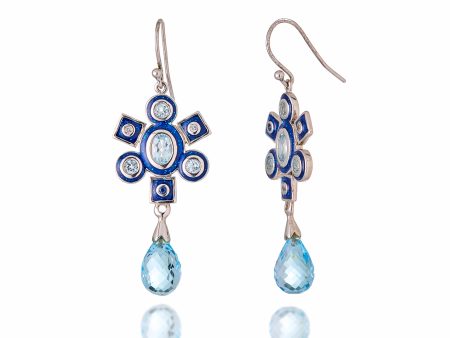 MCL Design Sterling Silver Statement Earrings with Dark Blue Glitter Enamel, White Topaz & Blue Topaz Drops Supply