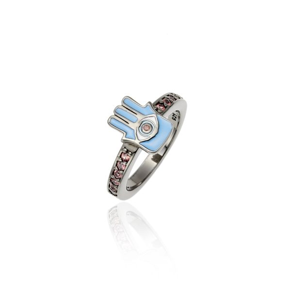 Sterling Silver Stack Ring With Baby Blue, White and Midday Blue Enamel & Red Sapphire Online Hot Sale