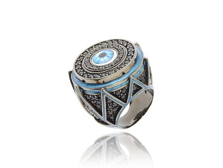 Sterling Silver Statement Ring with Metallic Blue and White Enamels & Black Spinel Online