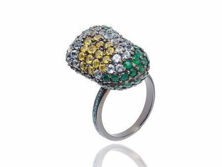 MCL Design Sterling Silver Bean Ring with Deep Green Glitter Enamel, Black Spinel, Green Agate, Blue Topaz & Yellow Sapphires Online Hot Sale