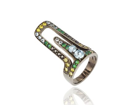 Sterling Silver Statement Ring with Green Agate, Yellow Sapphires, Black Spinel & Blue Topaz For Sale