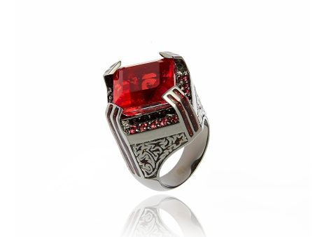 MCL Design Sterling Silver Statement Ring with Xmas Red Glitter Enamel, Red Sapphire & Red Quartz For Discount