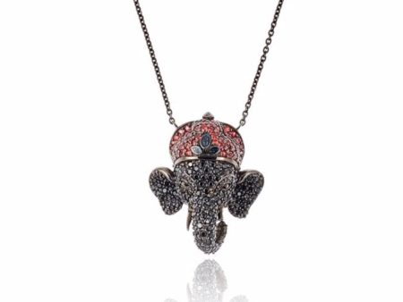 Handcrafted Silver Elephant Pendant Necklace with Aqua Glitter Enamel, Black Spinel & Red Sapphires on Sale