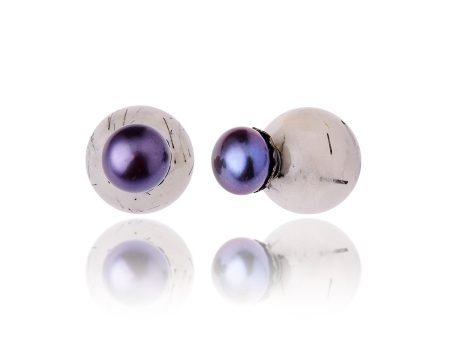 Sterling Silver Stud Earrings with Black Pearls & Rutilated White Quartz Beads on Sale