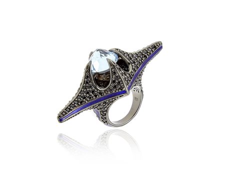 Sterling Silver Statement Ring With Deep Purple Glitter Enamel, Black Spinel, Smoky Quartz & Blue Topaz Cheap