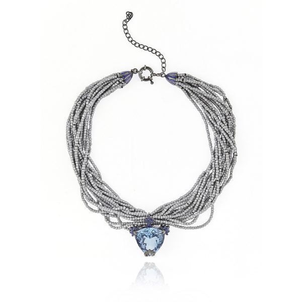 Sterling Silver Statement Necklace With Laser Gray Glitter Enamel, Blue Topaz & Gray Hematite Beads Online Sale