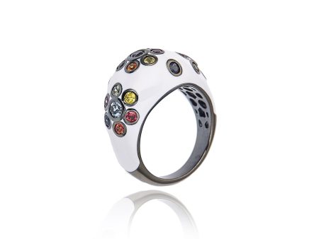 MCL Design Sterling Silver Statement Ring with White Enamel, Mixed Sapphires & Blue Topaz on Sale