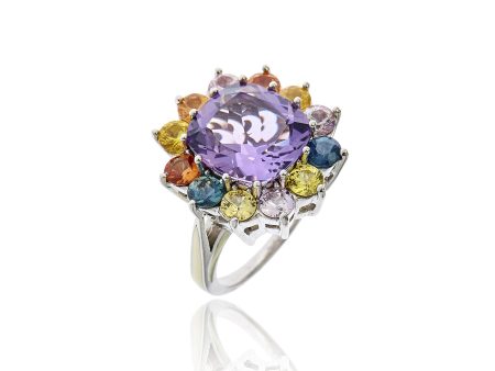 MCL Design Sterling Silver Statement Ring with White Enamel, Mixed Sapphires & Amethyst Online Sale