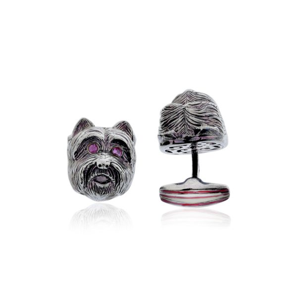 MCL Design Dog Cufflinks with Cool Wine Enamel & Rubies For Discount