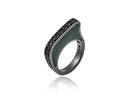 MCL Design Sterling Silver Stack Ring With Dark Black Glitter Enamel & Black Spinel Cheap