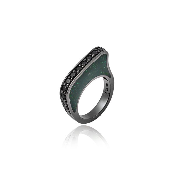 MCL Design Sterling Silver Stack Ring With Dark Black Glitter Enamel & Black Spinel Cheap