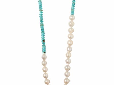 Turquoise & White Pearl Necklace with Sterling Silver on Sale