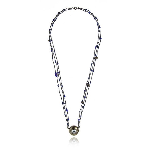 MCL Design Silver Hematite, Blue Hematite, Lapis and Hematite Beaded Statement Necklace with Black Rhodium Plated Sterling Silver, Baby Blue and White Enamels & Black Spinel Discount