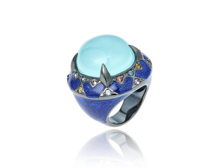 Sterling Silver Statement Ring with Dark Blue Oil Enamel, Mixed Sapphires & Green Chalcedony For Discount