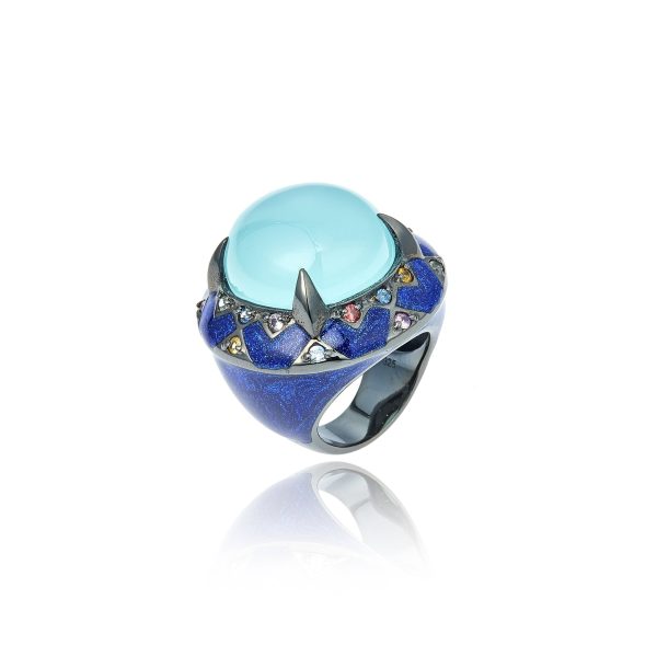 Sterling Silver Statement Ring with Dark Blue Oil Enamel, Mixed Sapphires & Green Chalcedony For Discount