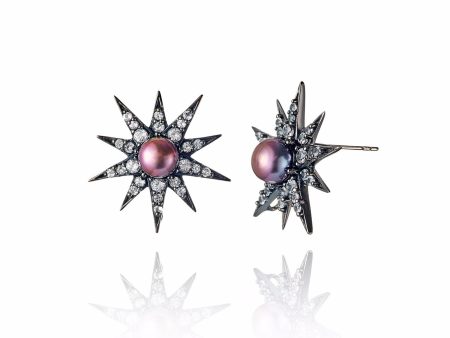 Sterling Silver Stud Earrings With White Topaz & Black Pearl Online Hot Sale