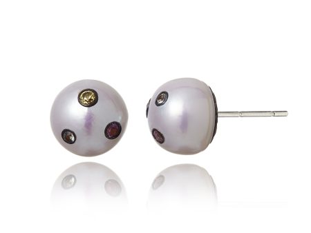 Sterling Silver Stud Earrings with Mixed Sapphires & White Pearls For Sale