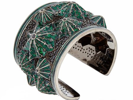 MCL Design Sterling Silver Cuff Bracelet with True Green Glitter Enamel & Black Spinel Discount