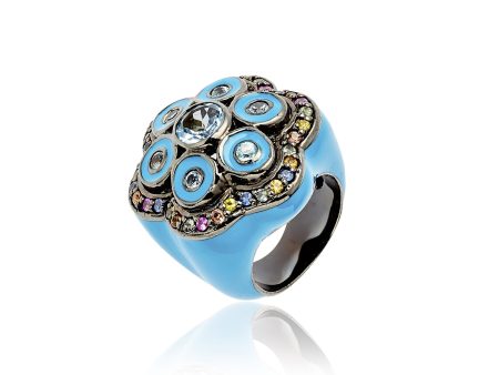 Sterling Silver Statement Ring with Midday Blue Enamel, Mixed Sapphires & Blue Topaz Fashion