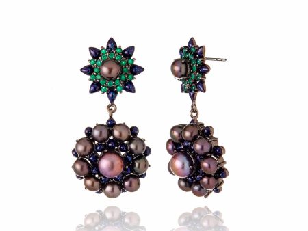 Sterling Silver Statement Earrings With Dark Purple Oil Enamel, Green Agate & Black Pearl Online Sale