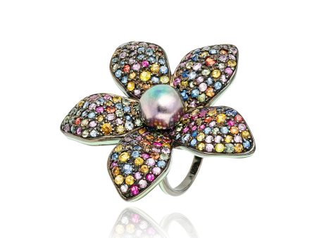 Flower Statement Ring With Ocean Green Enamel, Mixed Sapphires & Black Pearl Fashion