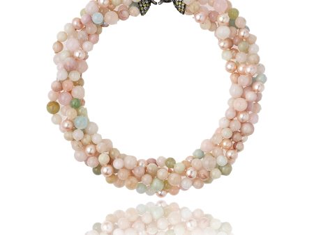 Morganite Beaded Statement Necklace with Sterling Silver, Mixed Yellow Sapphires & Pink Pearls For Cheap