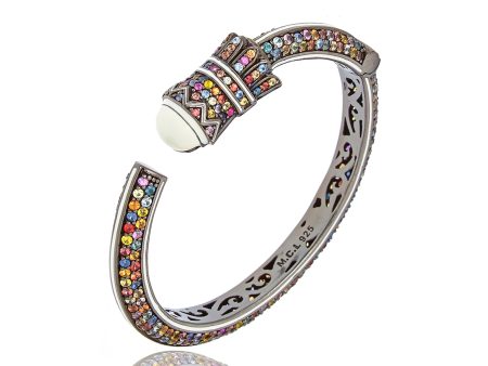 Sterling Silver Statement Cuff Bracelet with White Enamel & Mixed Sapphires Discount