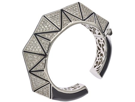 Sterling Silver Statement Cuff Bracelet with Black Enamel & White Zircon For Discount