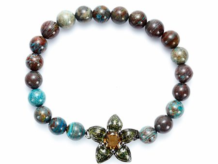 Chrysocolla Beaded Bracelet with Sterling Silver Flower, Warm Glitter Enamel & Cognac Citrine For Sale