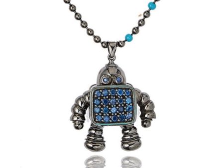 MCL Design Sterling Silver Robot Pendant with Winter Blue Enamel & Blue Sapphires Supply