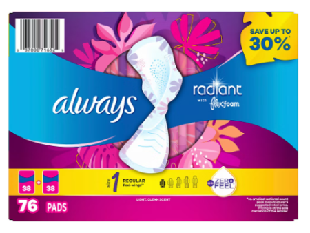 Always Radiant Size 1 Regular Pads with Wings, 76 ct. - Scented Online now