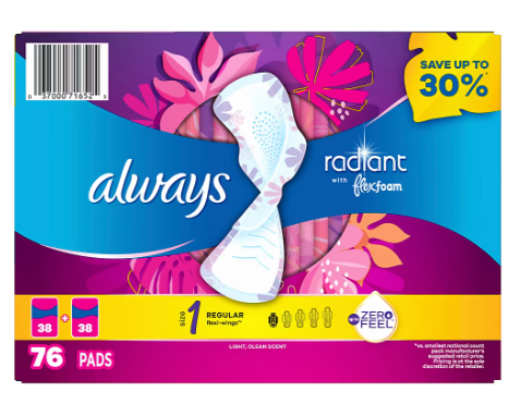 Always Radiant Size 1 Regular Pads with Wings, 76 ct. - Scented Online now