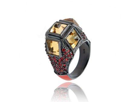 MCL Design Sterling Silver Stack Ring with Coral Pink Enamel, Red Sapphires & Citrine For Cheap