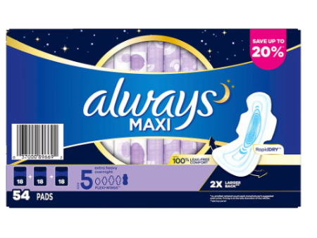 Always Extra-Heavy Overnight Maxi Pads with Flexi-Wings, 54 ct. Hot on Sale