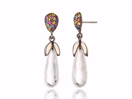 Sterling Silver Statement Earrings with White Enamel, Mixed Sapphires & White Topaz Drops Online now