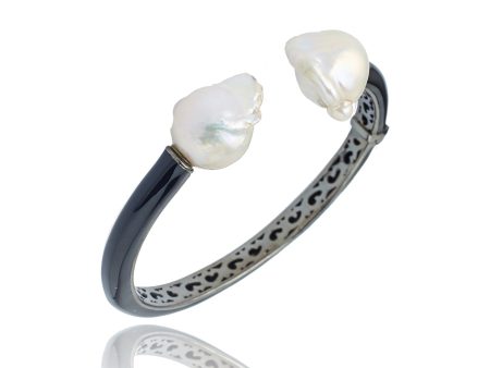 MCL Design Sterling Silver Cuff Bracelet with Black Enamel & White Pearl Supply