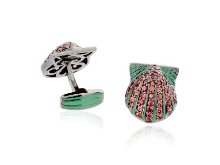 MCL Design Pave Clam Seashell Cufflinks with Green Enamel & Red Sapphires on Sale