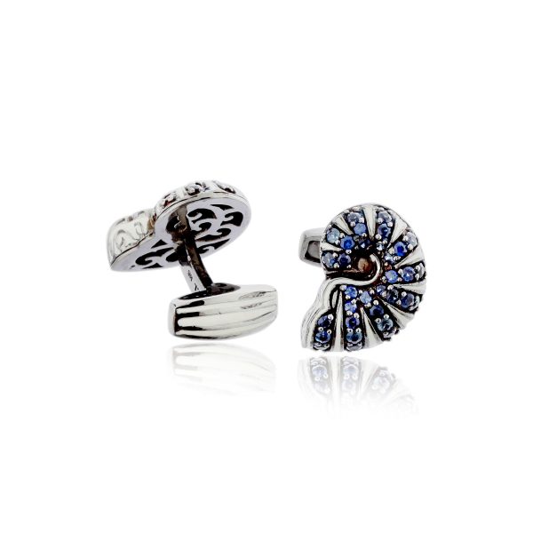 MCL Design Pave Seashell Cufflinks with White Enamel & Blue Sapphires Fashion