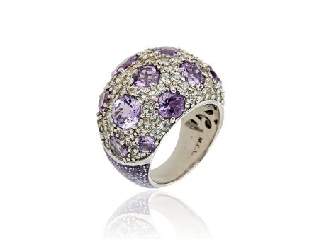 MCL Design Sterling Silver Statement Ring With Light Purple Glitter Enamel, Amethyst & White Topaz For Discount