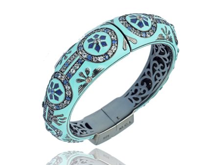 MCL Design Sterling Silver Bangle Bracelet with Royal Blue Gum Glitter and Mint Tea Enamel & Mixed Ice Sapphires Online Sale