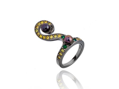 Green Agate & Yellow Sapphire Swirl Stack Ring with Black Pearls For Sale