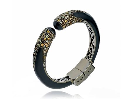 Sterling Silver Bangle Bracelet With Black Enamel & Mixed Army Sapphires Fashion