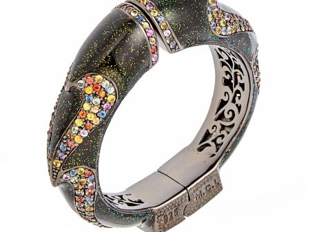 MCL Design Sterling Silver Bangle Bracelet with Dark Black and Gold Glitter Enamel & Mixed Sapphires Online Hot Sale