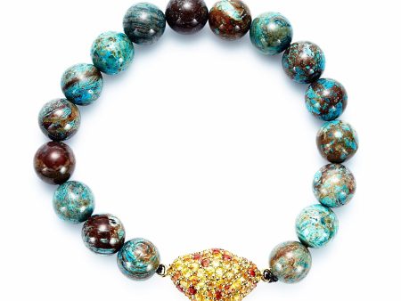 Chrysocolla Beaded Bracelet with Gold Plated Sterling Silver Charm set with Warm Mixed Sapphires Discount