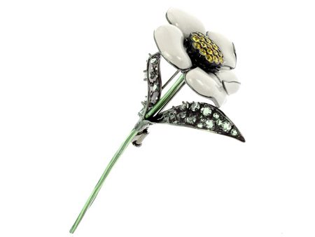 Daisy Pin in Silver with Green Apple and Taupe Enamels, Yellow Sapphires, Green Sapphires & Green Amethyst Supply