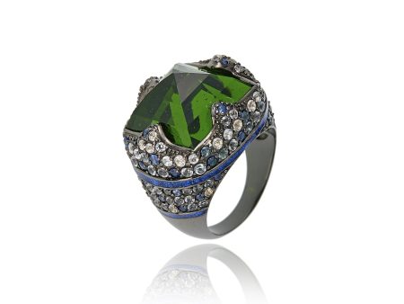 MCL Design Sterling Silver Statement Ring with Dark Purple Oil Enamel, Mixed Ice Sapphires & Moldavite Online